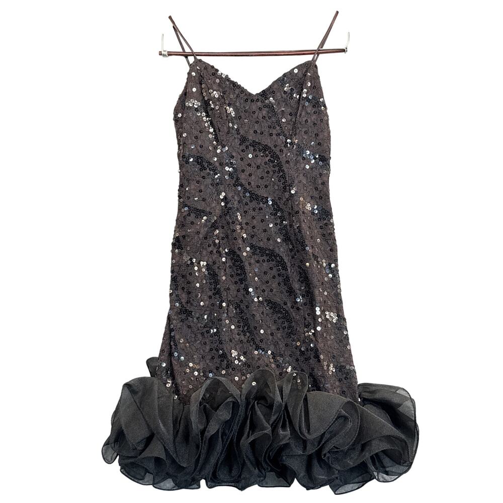 Loralie Vintage Black Sequin Spaghetti Strap Ruffle Hem Prom Dress Women 6